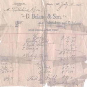 A bill from 1898 shows the original location of D. Boland & Son in the Rouse Building at 400 Main Street, Peoria, Illinois.